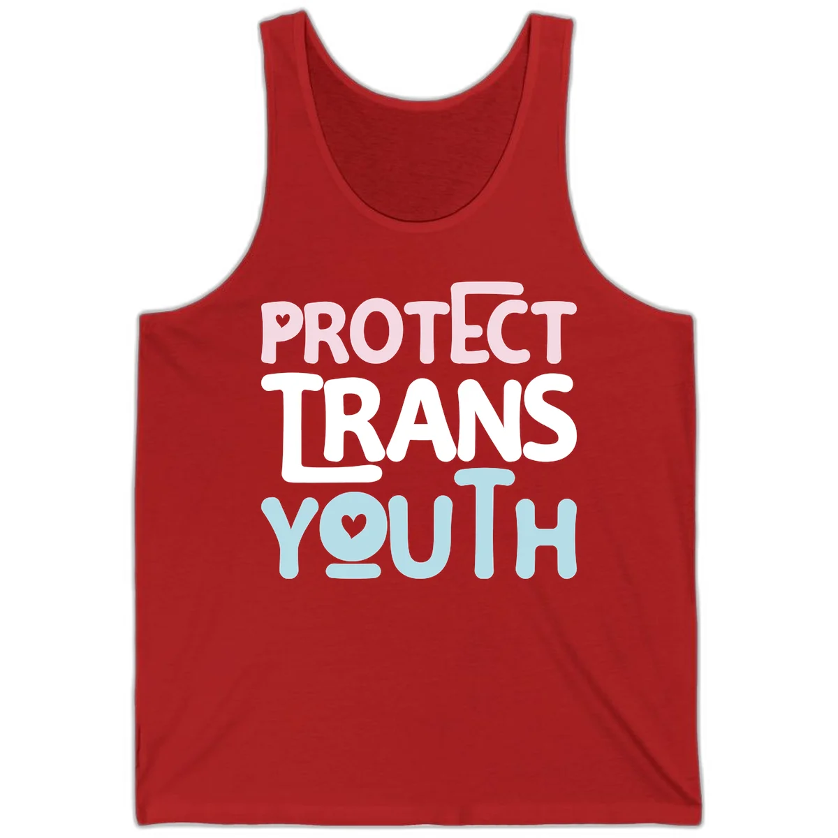 Bold colorful text reading 'PROTECT TRANS YOUTH' with pink and light blue lettering and small hearts, advocating for trans rights and youth support. in Red
