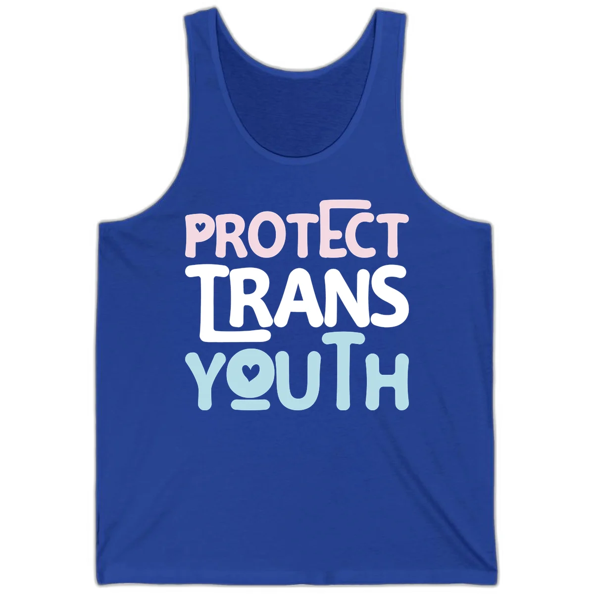 Bold colorful text reading 'PROTECT TRANS YOUTH' with pink and light blue lettering and small hearts, advocating for trans rights and youth support. in True Royal