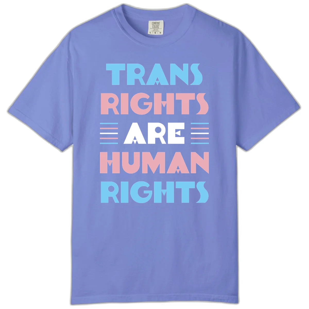 Bold typography design reading 'TRANS RIGHTS ARE HUMAN RIGHTS' in light blue, pink, and white letters with decorative stripes on a gray background in Flo Blue