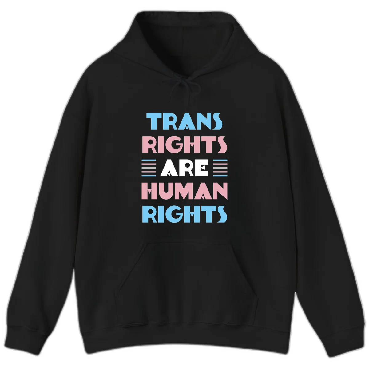 Bold typography design reading 'TRANS RIGHTS ARE HUMAN RIGHTS' in light blue, pink, and white letters with decorative stripes on a gray background in Black