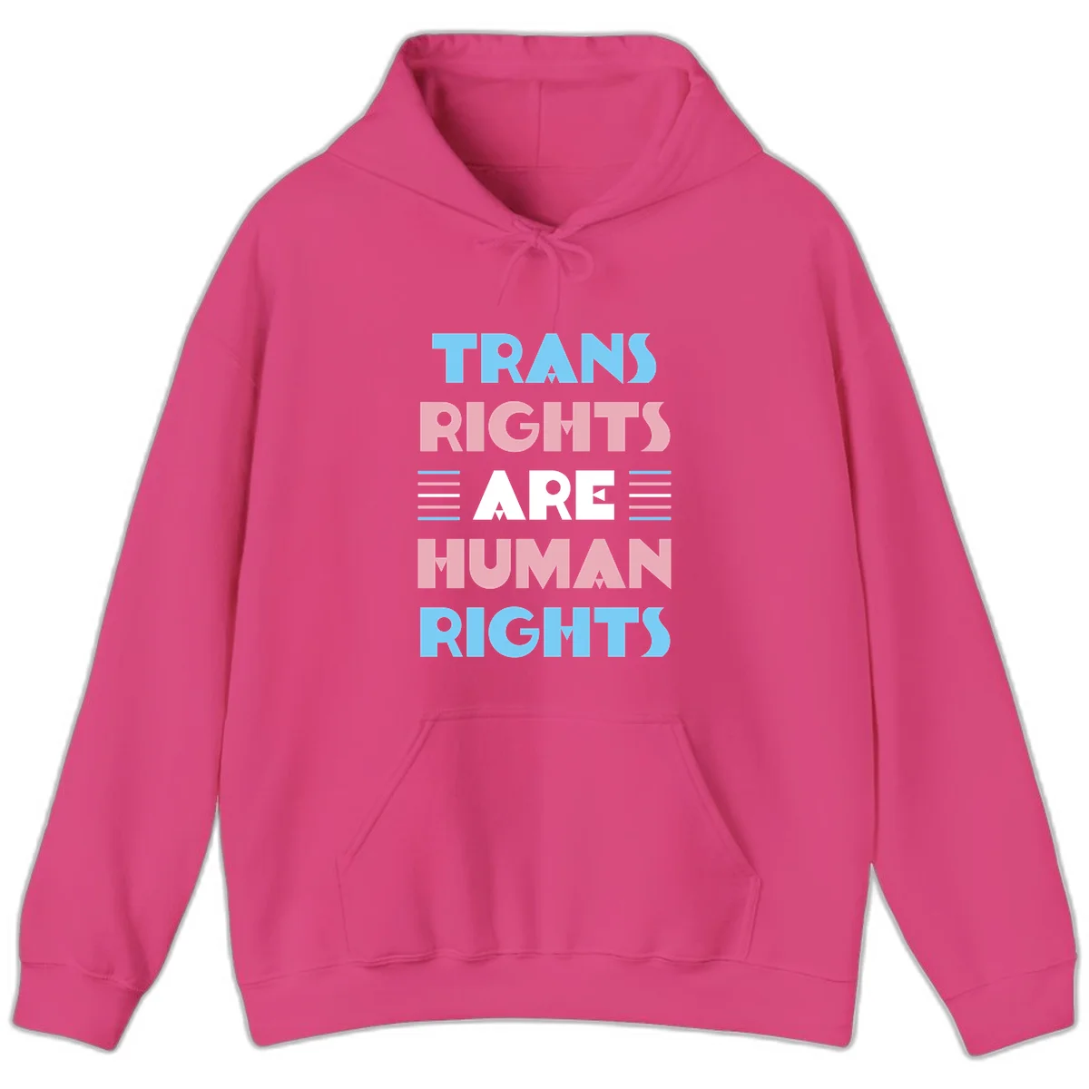 Bold typography design reading 'TRANS RIGHTS ARE HUMAN RIGHTS' in light blue, pink, and white letters with decorative stripes on a gray background in Heliconia