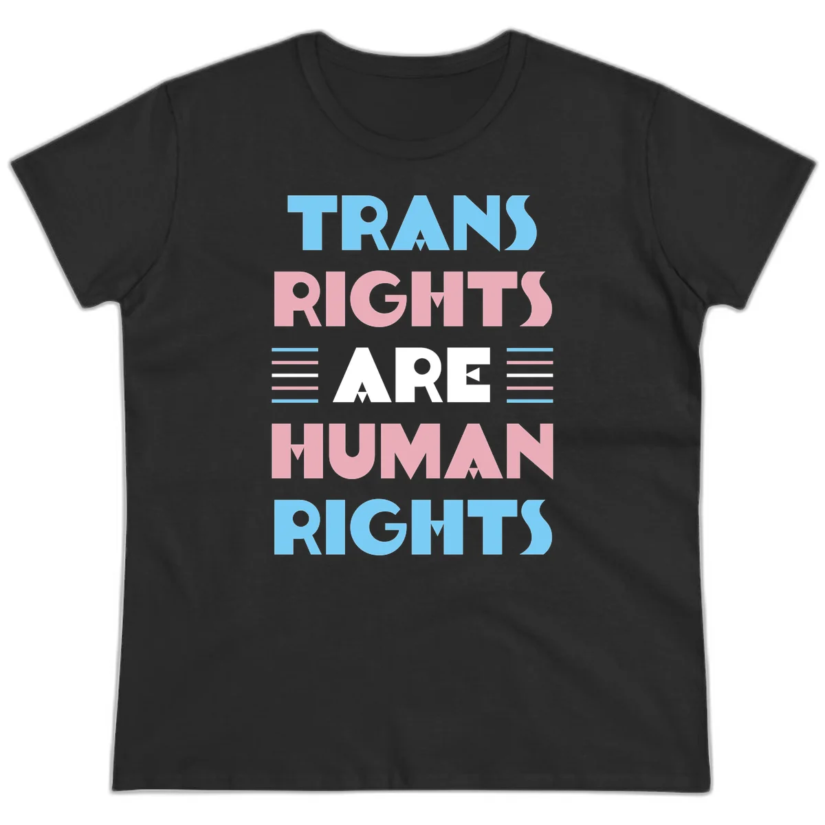 Bold typography design reading 'TRANS RIGHTS ARE HUMAN RIGHTS' in light blue, pink, and white letters with decorative stripes on a gray background in Black