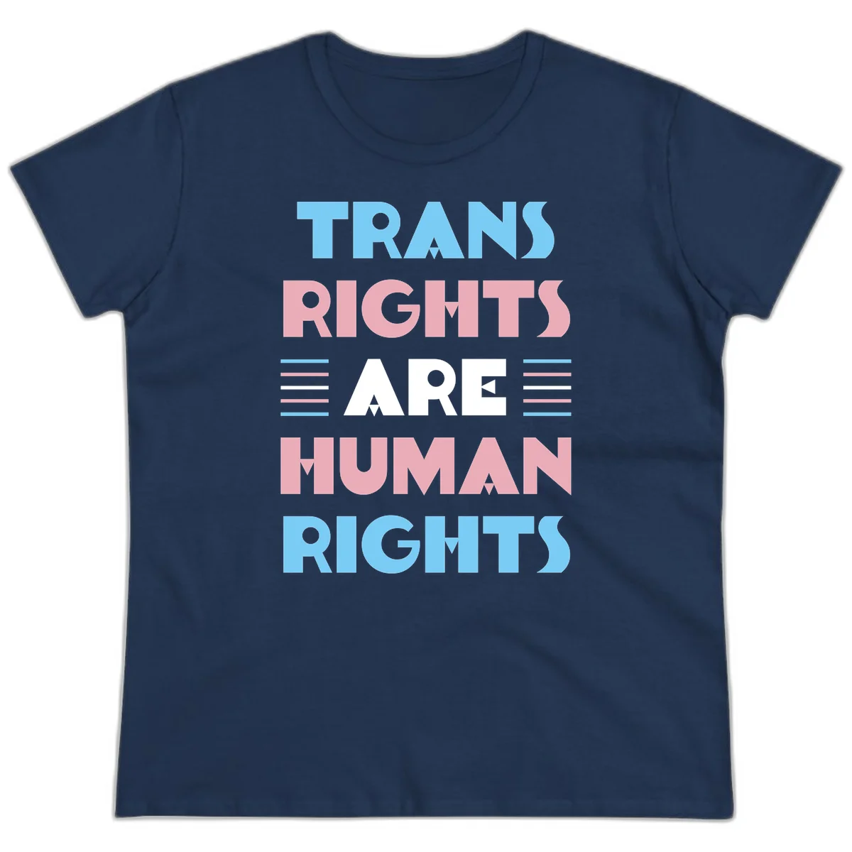 Bold typography design reading 'TRANS RIGHTS ARE HUMAN RIGHTS' in light blue, pink, and white letters with decorative stripes on a gray background in Navy