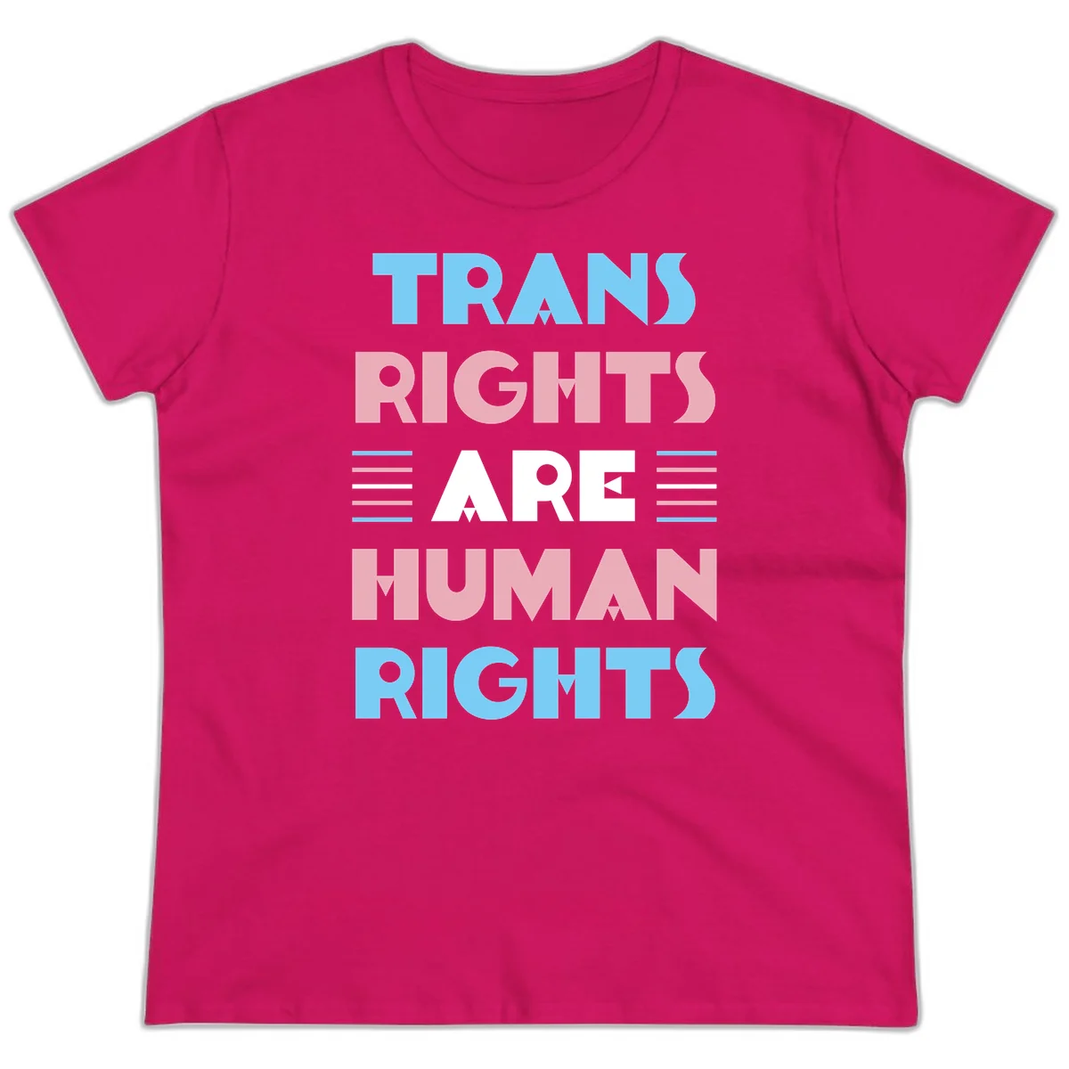 Bold typography design reading 'TRANS RIGHTS ARE HUMAN RIGHTS' in light blue, pink, and white letters with decorative stripes on a gray background in Heliconia