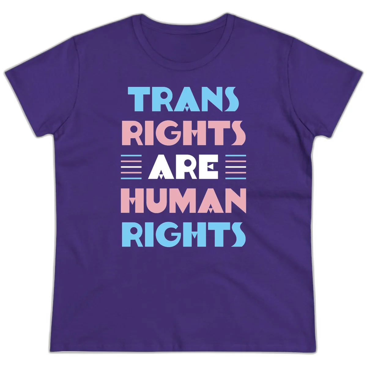 Bold typography design reading 'TRANS RIGHTS ARE HUMAN RIGHTS' in light blue, pink, and white letters with decorative stripes on a gray background in Purple