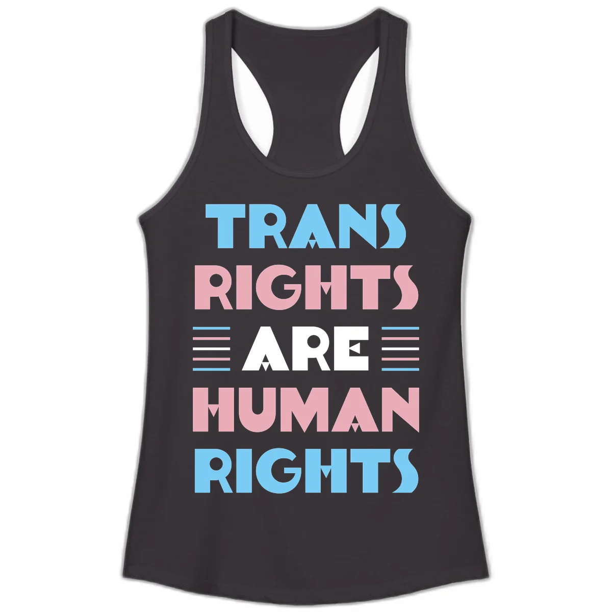 Bold typography design reading 'TRANS RIGHTS ARE HUMAN RIGHTS' in light blue, pink, and white letters with decorative stripes on a gray background in Black