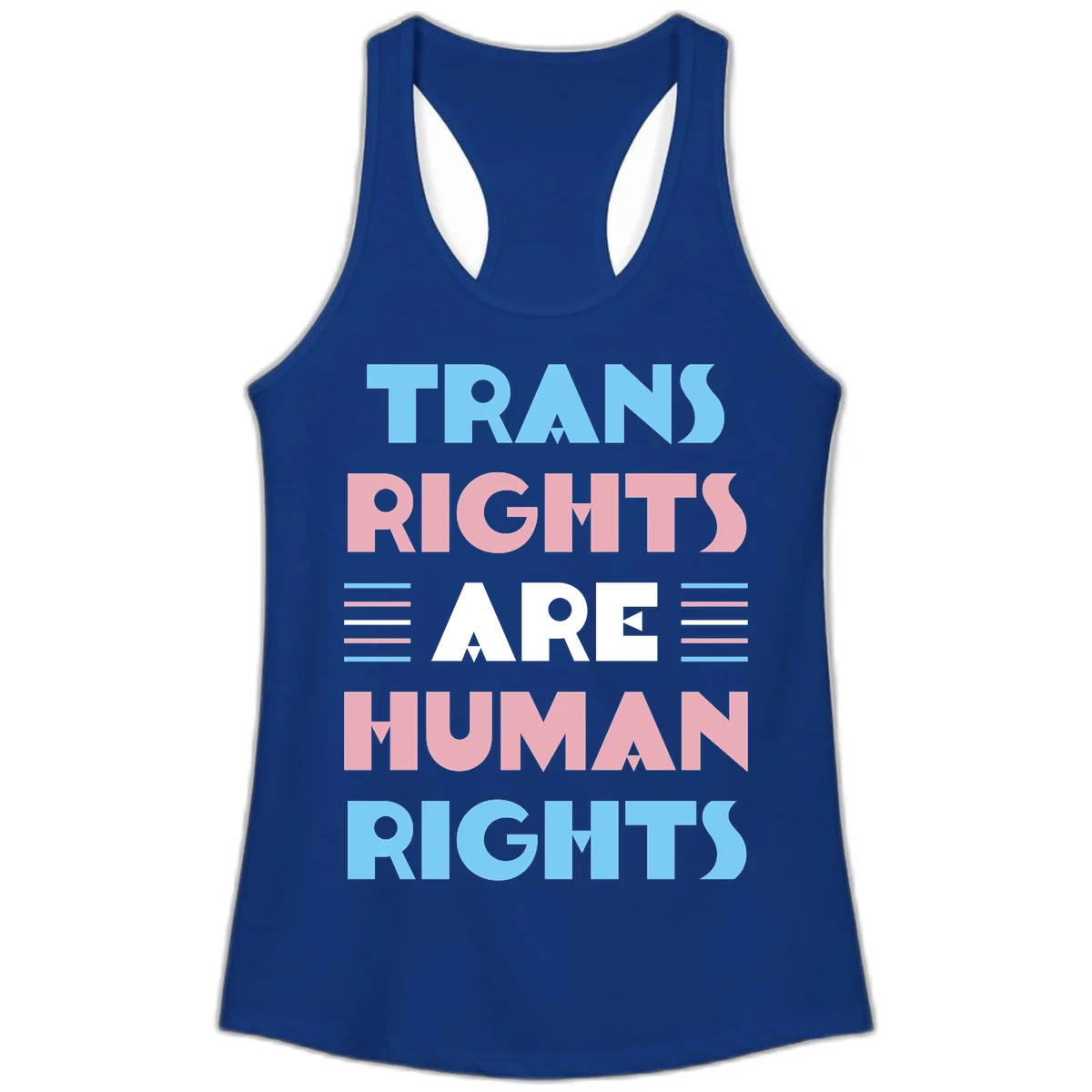 Bold typography design reading 'TRANS RIGHTS ARE HUMAN RIGHTS' in light blue, pink, and white letters with decorative stripes on a gray background in Solid Royal