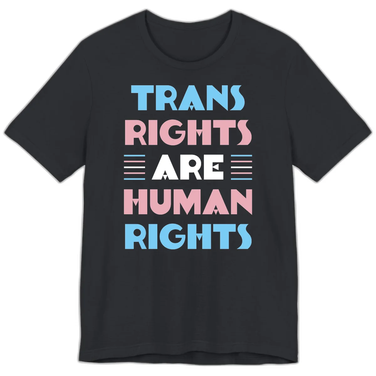 Bold typography design reading 'TRANS RIGHTS ARE HUMAN RIGHTS' in light blue, pink, and white letters with decorative stripes on a gray background in Vintage Black