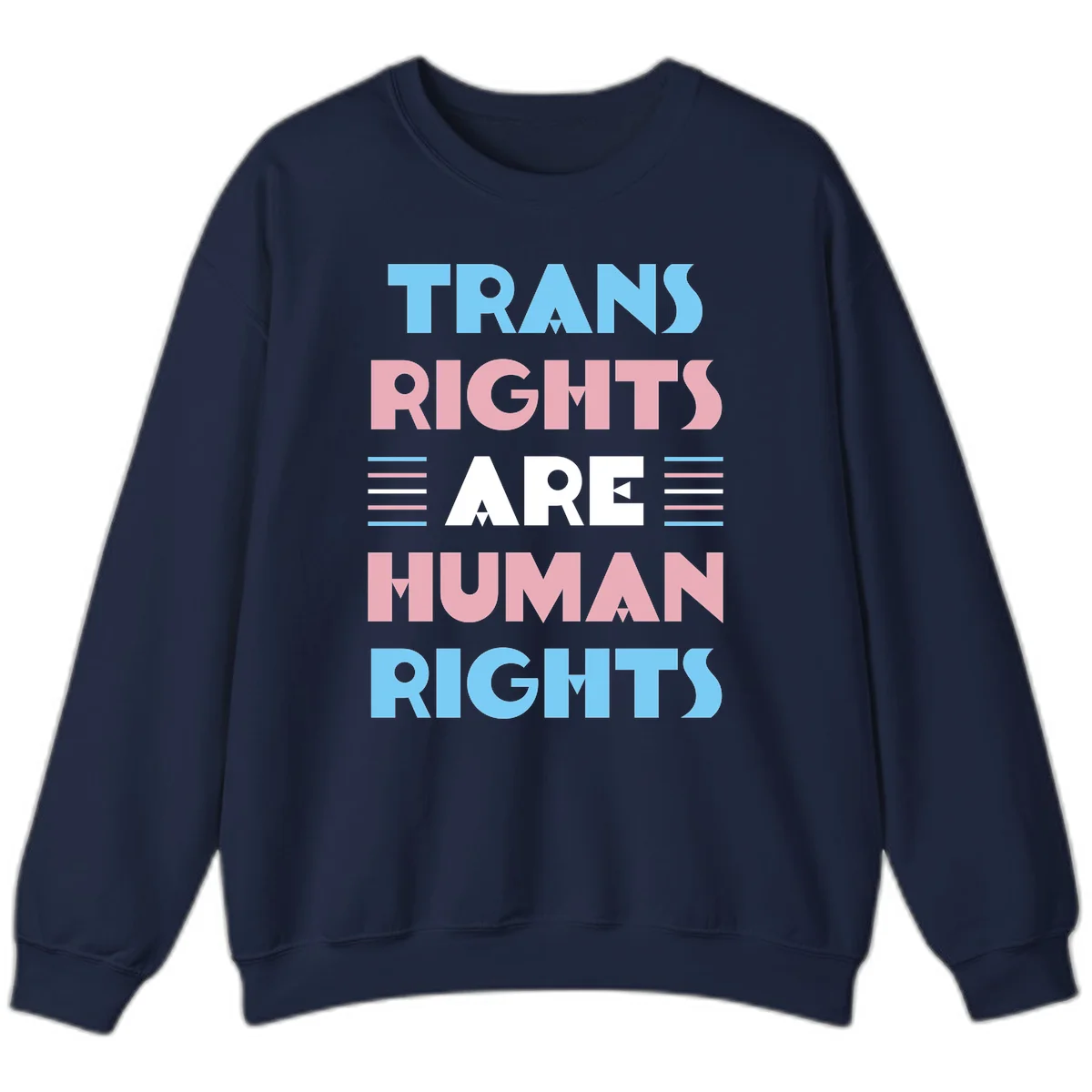 Bold typography design reading 'TRANS RIGHTS ARE HUMAN RIGHTS' in light blue, pink, and white letters with decorative stripes on a gray background in Navy