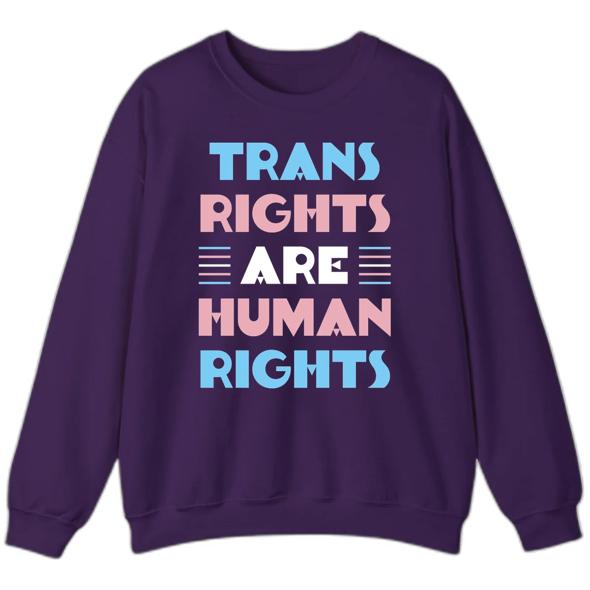 Bold typography design reading 'TRANS RIGHTS ARE HUMAN RIGHTS' in light blue, pink, and white letters with decorative stripes on a gray background in Purple
