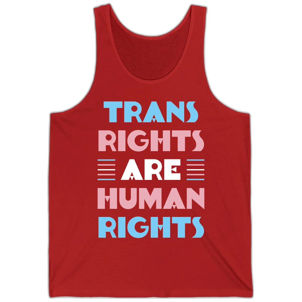 Bold typography design reading 'TRANS RIGHTS ARE HUMAN RIGHTS' in light blue, pink, and white letters with decorative stripes on a gray background in Red