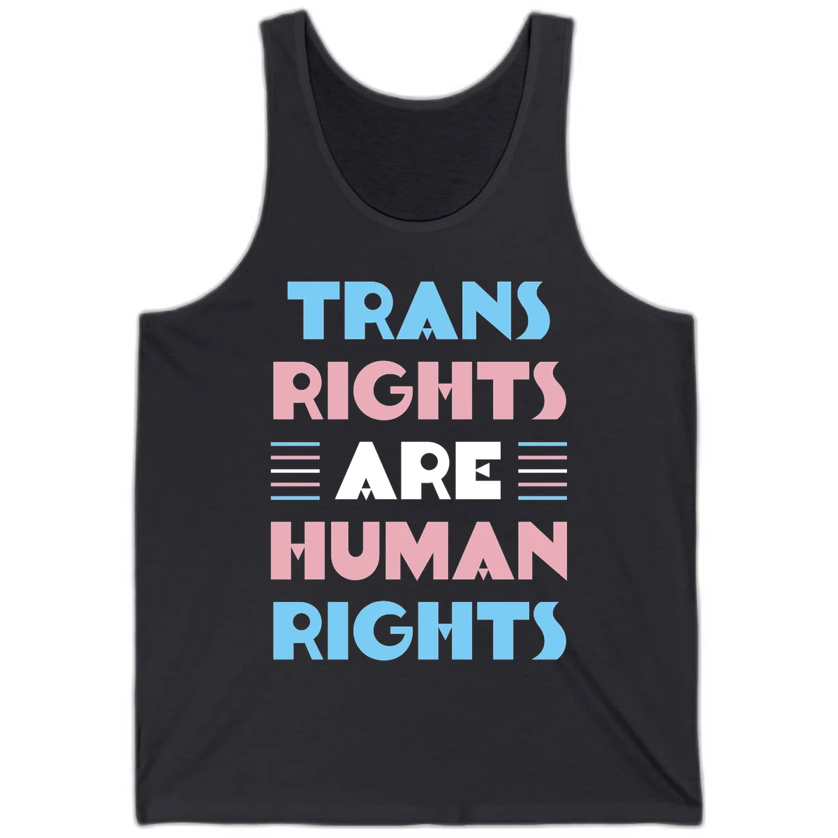 Bold typography design reading 'TRANS RIGHTS ARE HUMAN RIGHTS' in light blue, pink, and white letters with decorative stripes on a gray background in Dark Grey