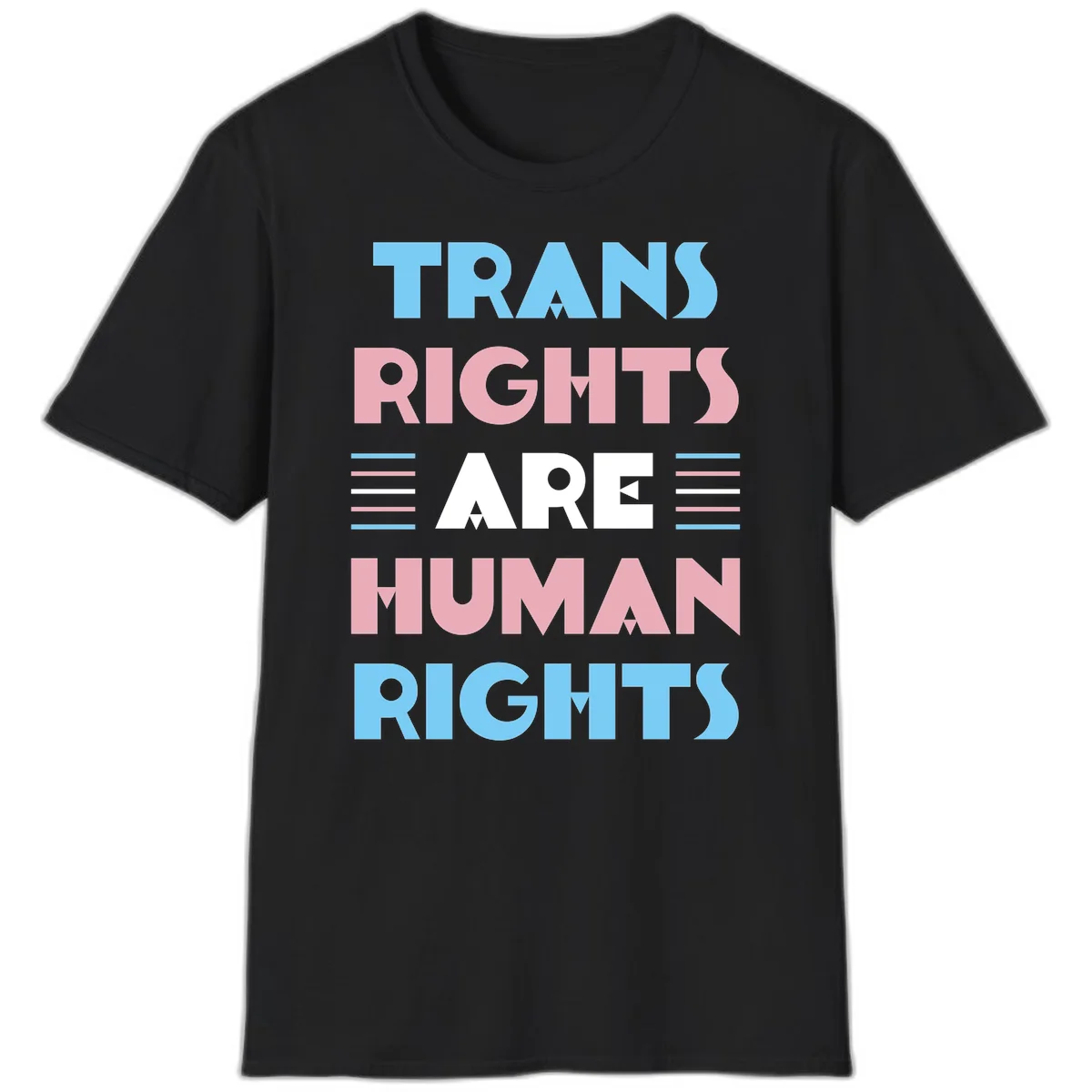 Bold typography design reading 'TRANS RIGHTS ARE HUMAN RIGHTS' in light blue, pink, and white letters with decorative stripes on a gray background in Black