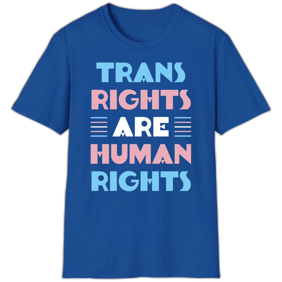 Bold typography design reading 'TRANS RIGHTS ARE HUMAN RIGHTS' in light blue, pink, and white letters with decorative stripes on a gray background in Royal