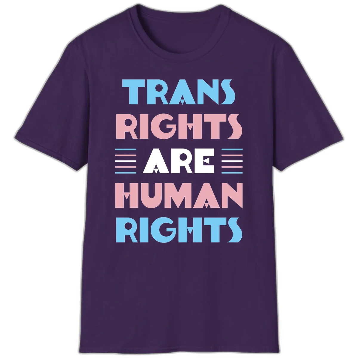 Bold typography design reading 'TRANS RIGHTS ARE HUMAN RIGHTS' in light blue, pink, and white letters with decorative stripes on a gray background in Purple