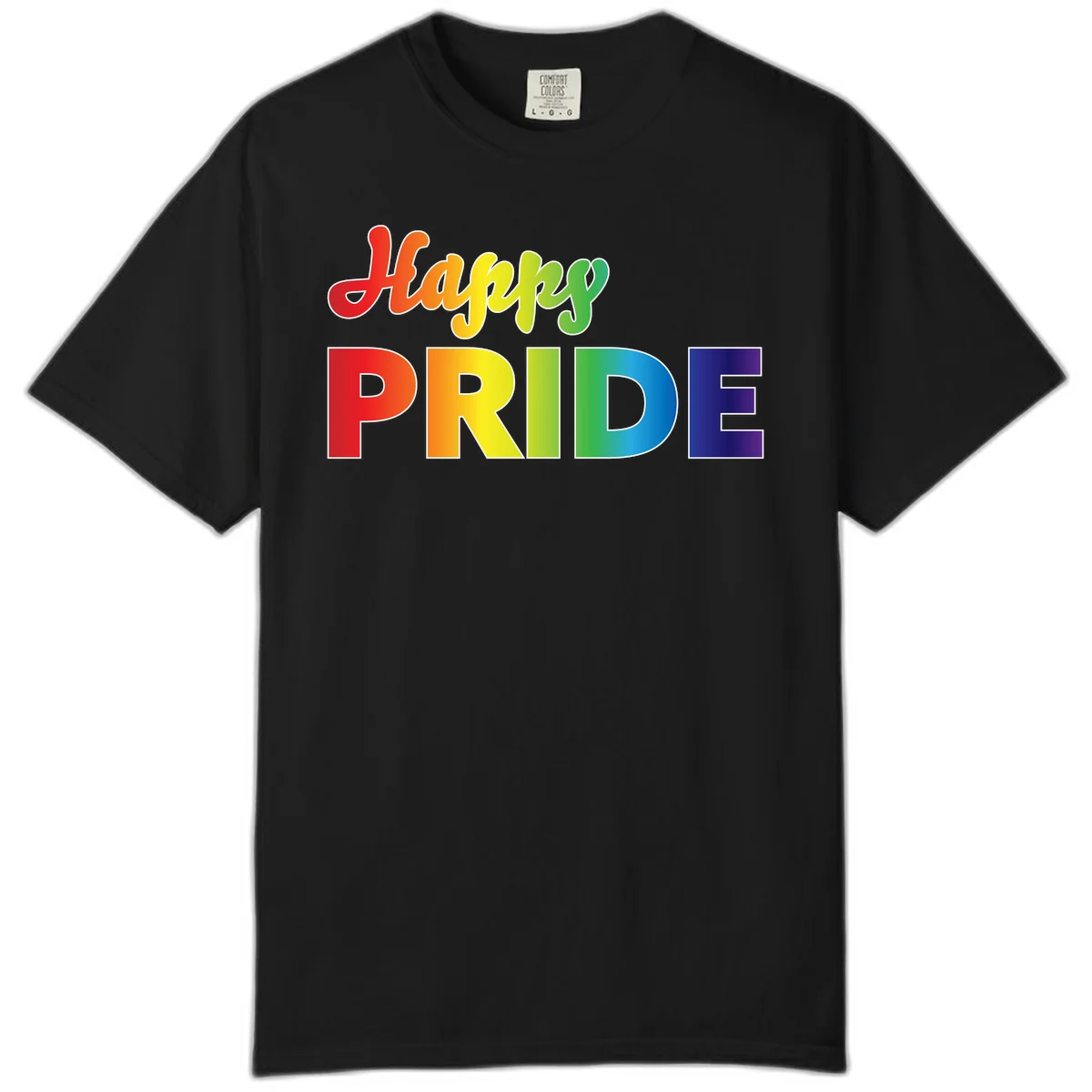 Happy pride rainbow gradient text design with colorful letters transitioning from red to purple in Black