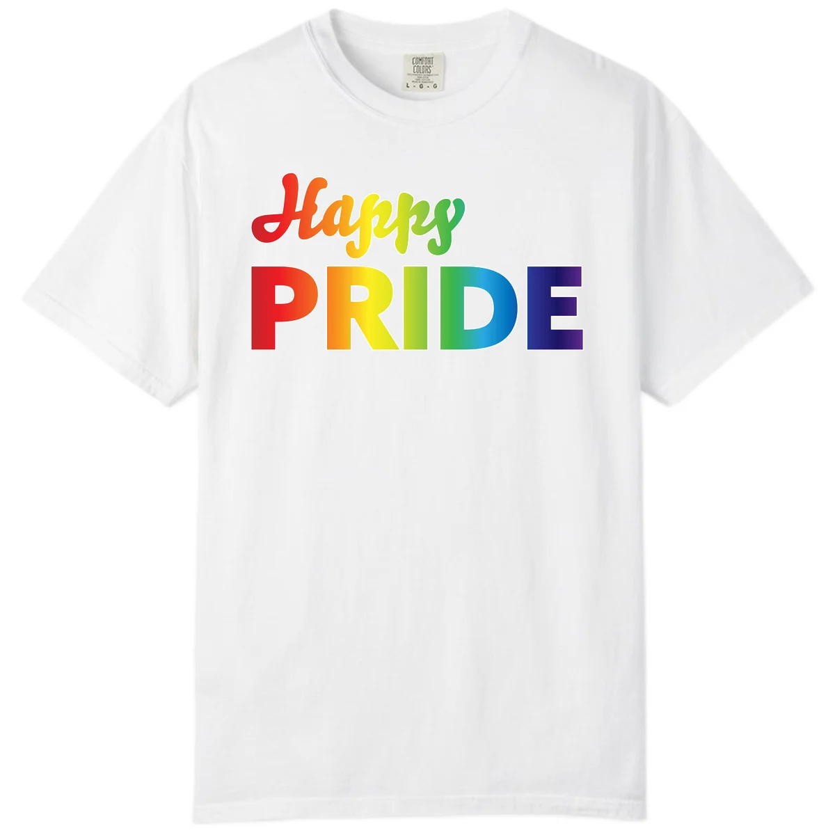 Happy pride rainbow gradient text design with colorful letters transitioning from red to purple in White