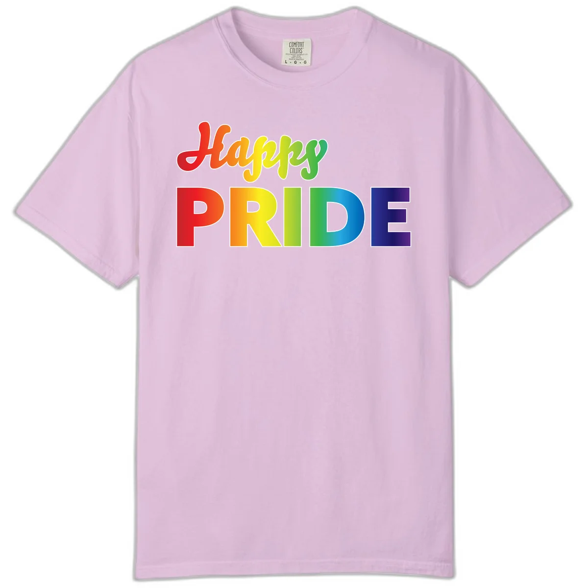 Happy pride rainbow gradient text design with colorful letters transitioning from red to purple in Orchid