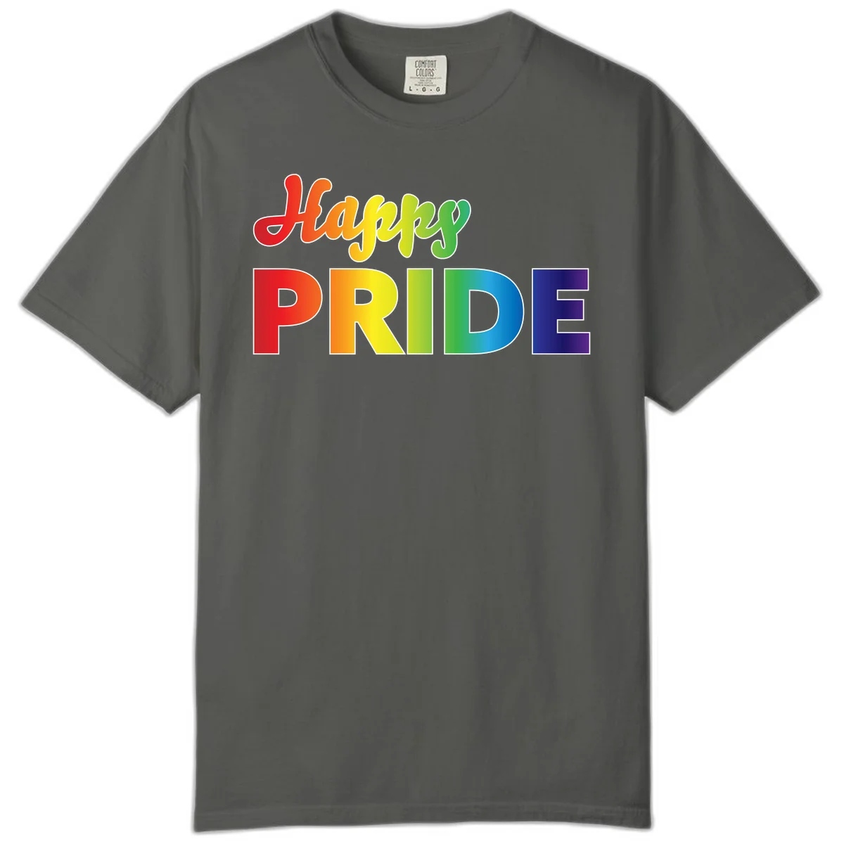 Happy pride rainbow gradient text design with colorful letters transitioning from red to purple in Pepper