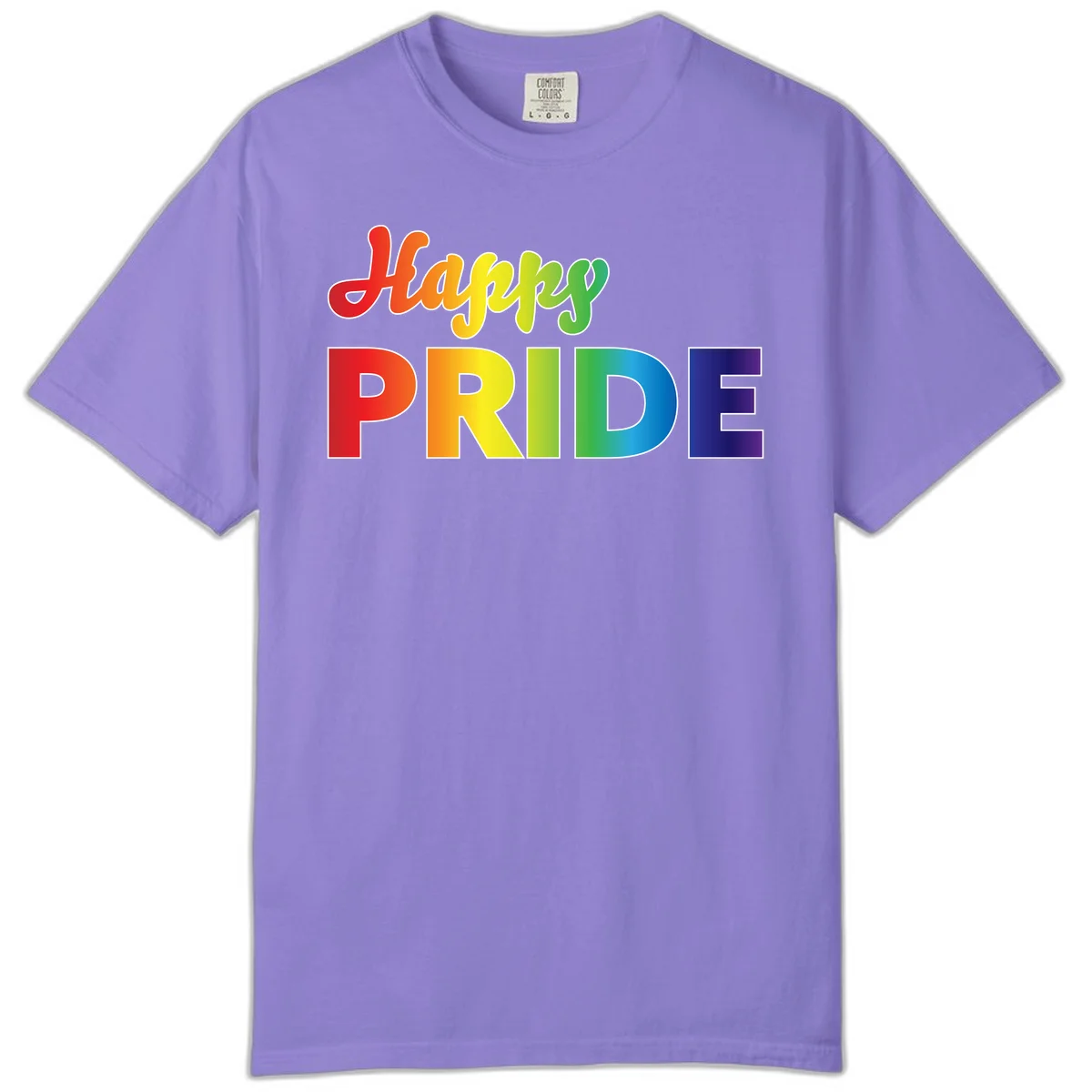 Happy pride rainbow gradient text design with colorful letters transitioning from red to purple in Violet