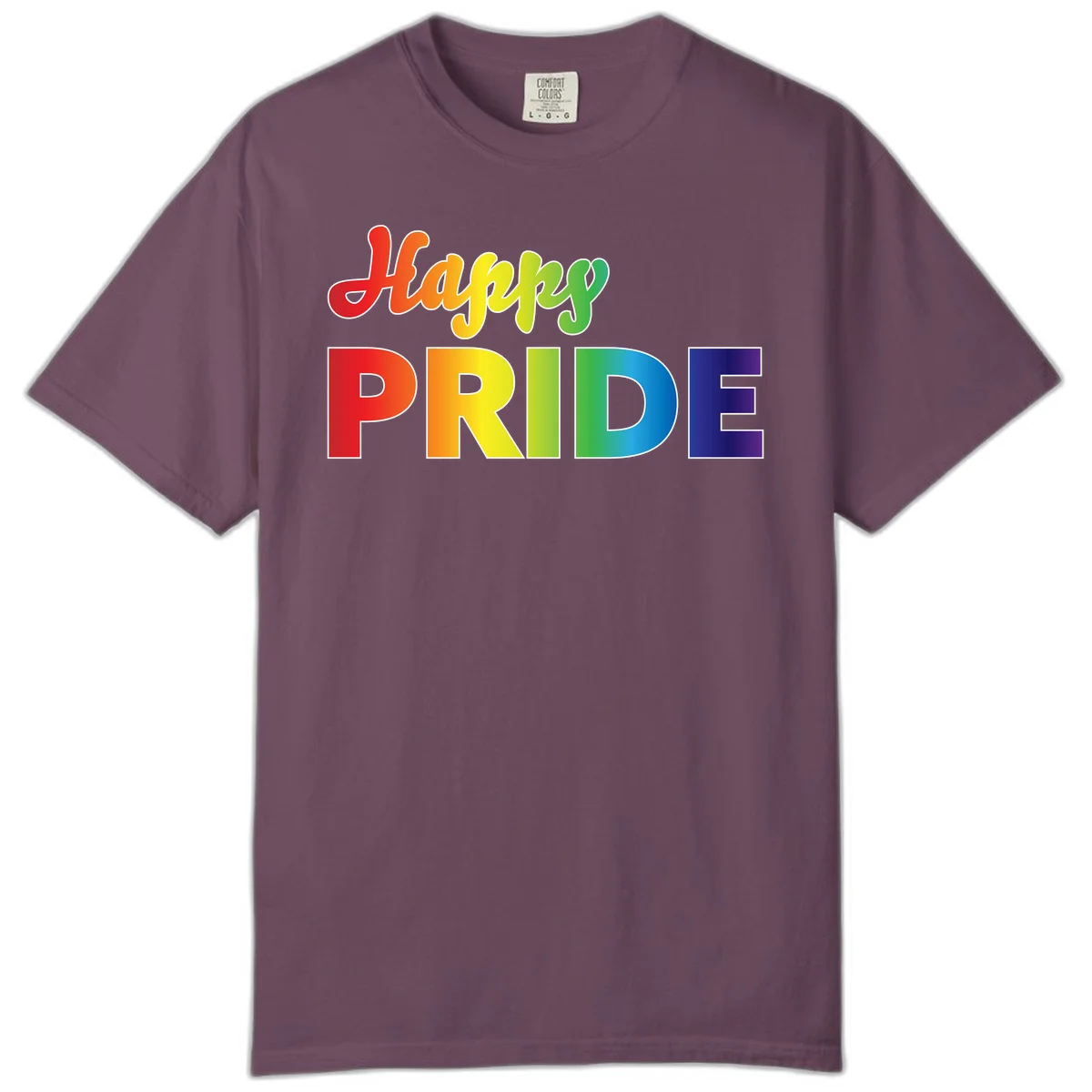 Happy pride rainbow gradient text design with colorful letters transitioning from red to purple in Berry