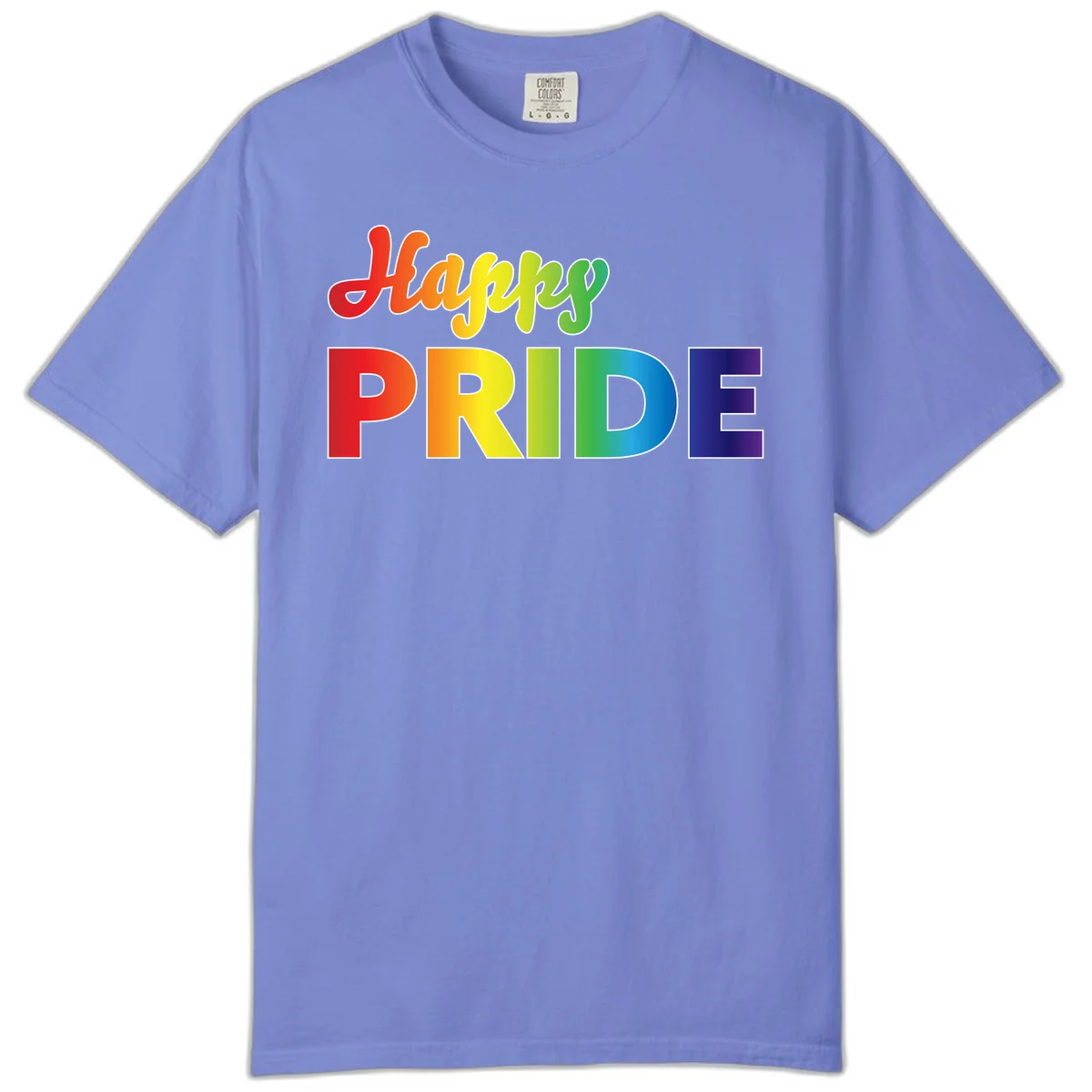 Happy pride rainbow gradient text design with colorful letters transitioning from red to purple in Flo Blue