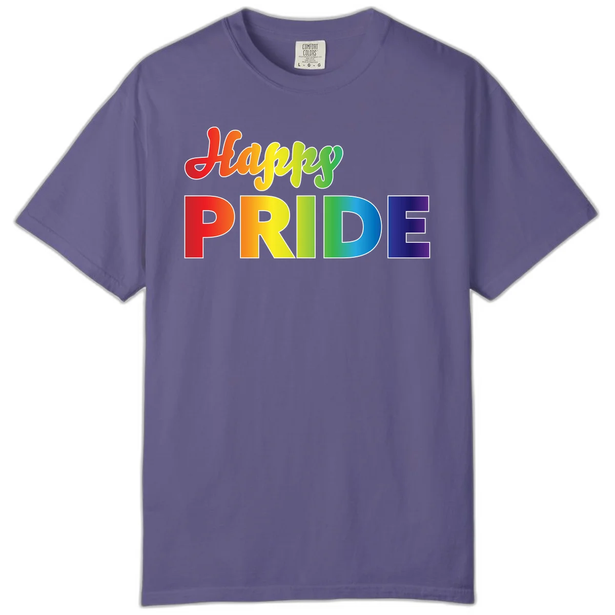 Happy pride rainbow gradient text design with colorful letters transitioning from red to purple in Grape