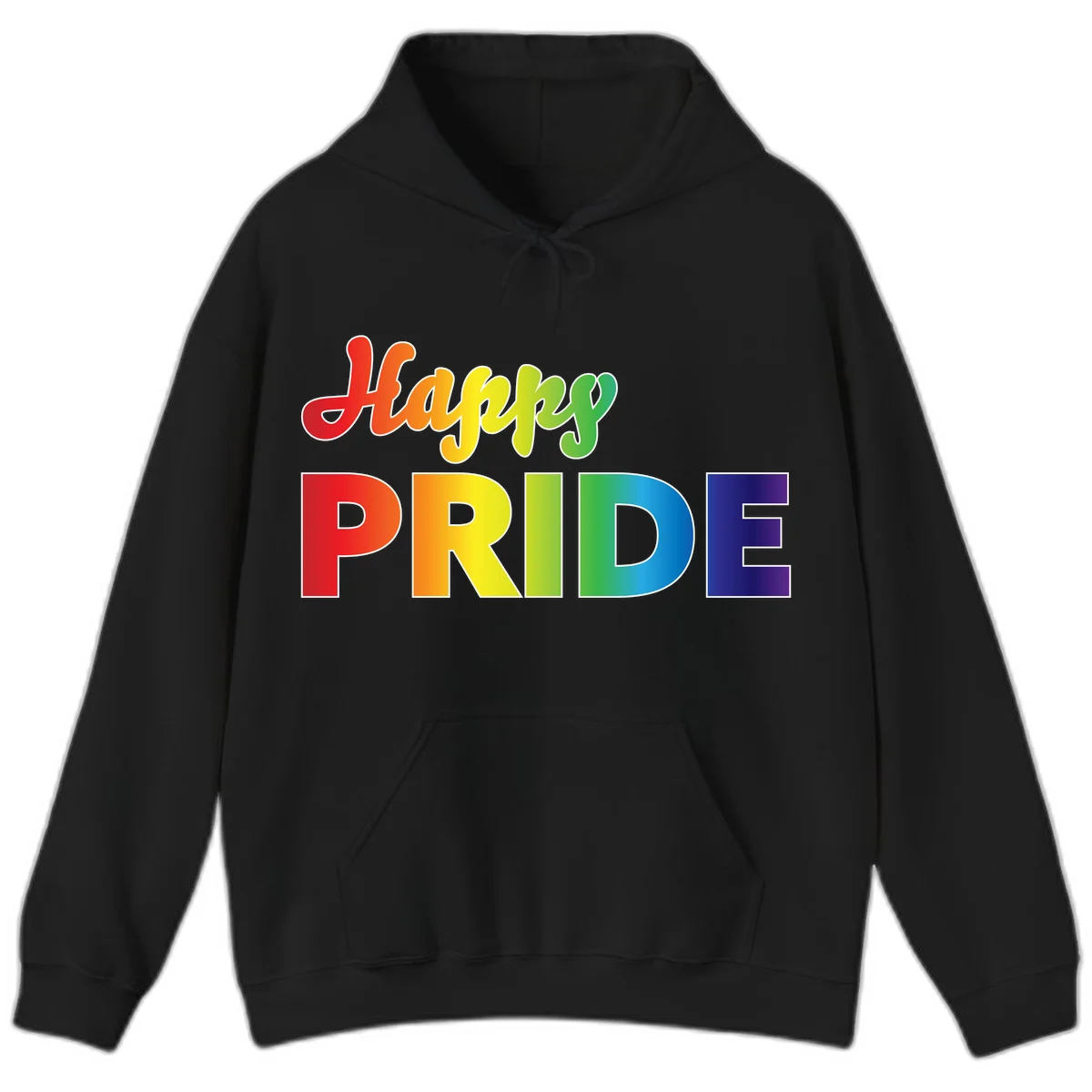 Happy pride rainbow gradient text design with colorful letters transitioning from red to purple in Black