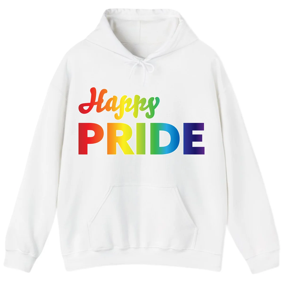 Happy pride rainbow gradient text design with colorful letters transitioning from red to purple in White
