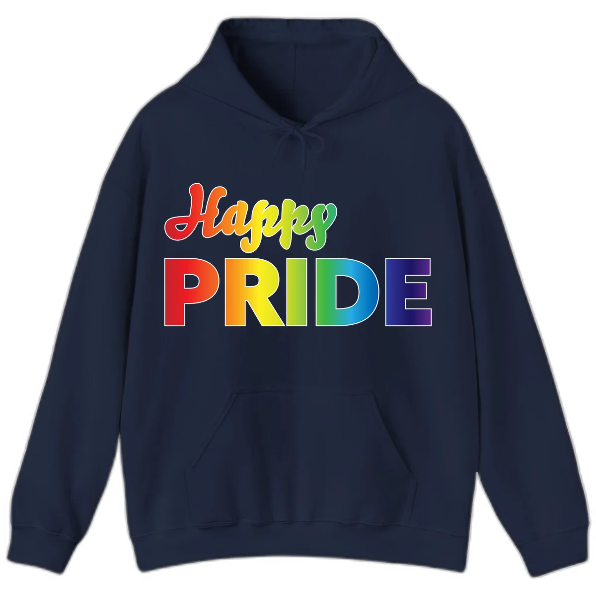 Happy pride rainbow gradient text design with colorful letters transitioning from red to purple in Navy