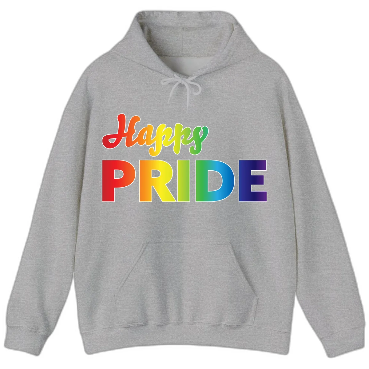 Happy pride rainbow gradient text design with colorful letters transitioning from red to purple in Sport Grey