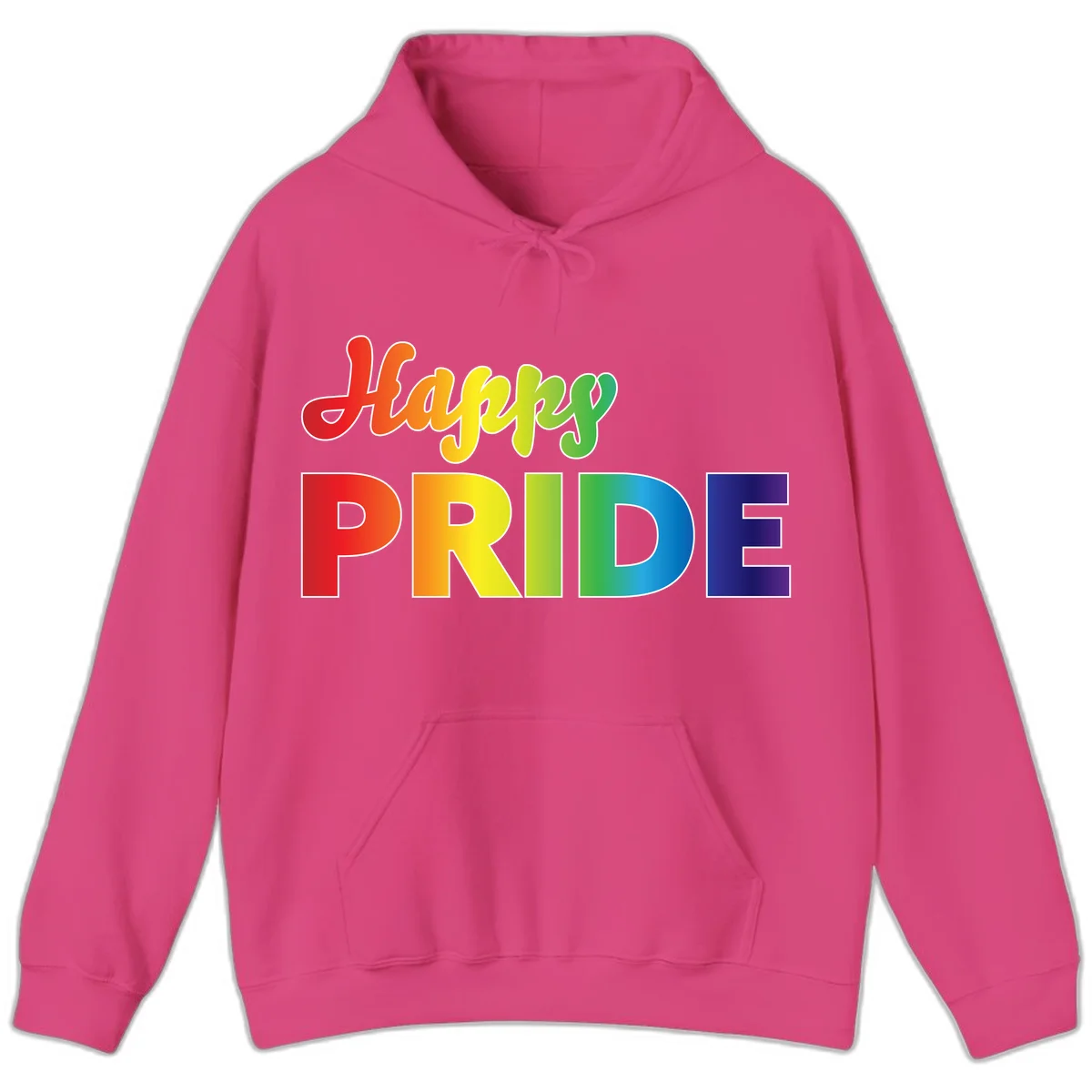 Happy pride rainbow gradient text design with colorful letters transitioning from red to purple in Heliconia
