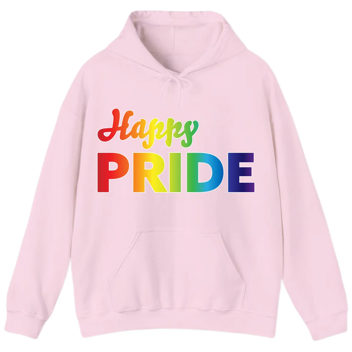 Happy pride rainbow gradient text design with colorful letters transitioning from red to purple in Light Pink