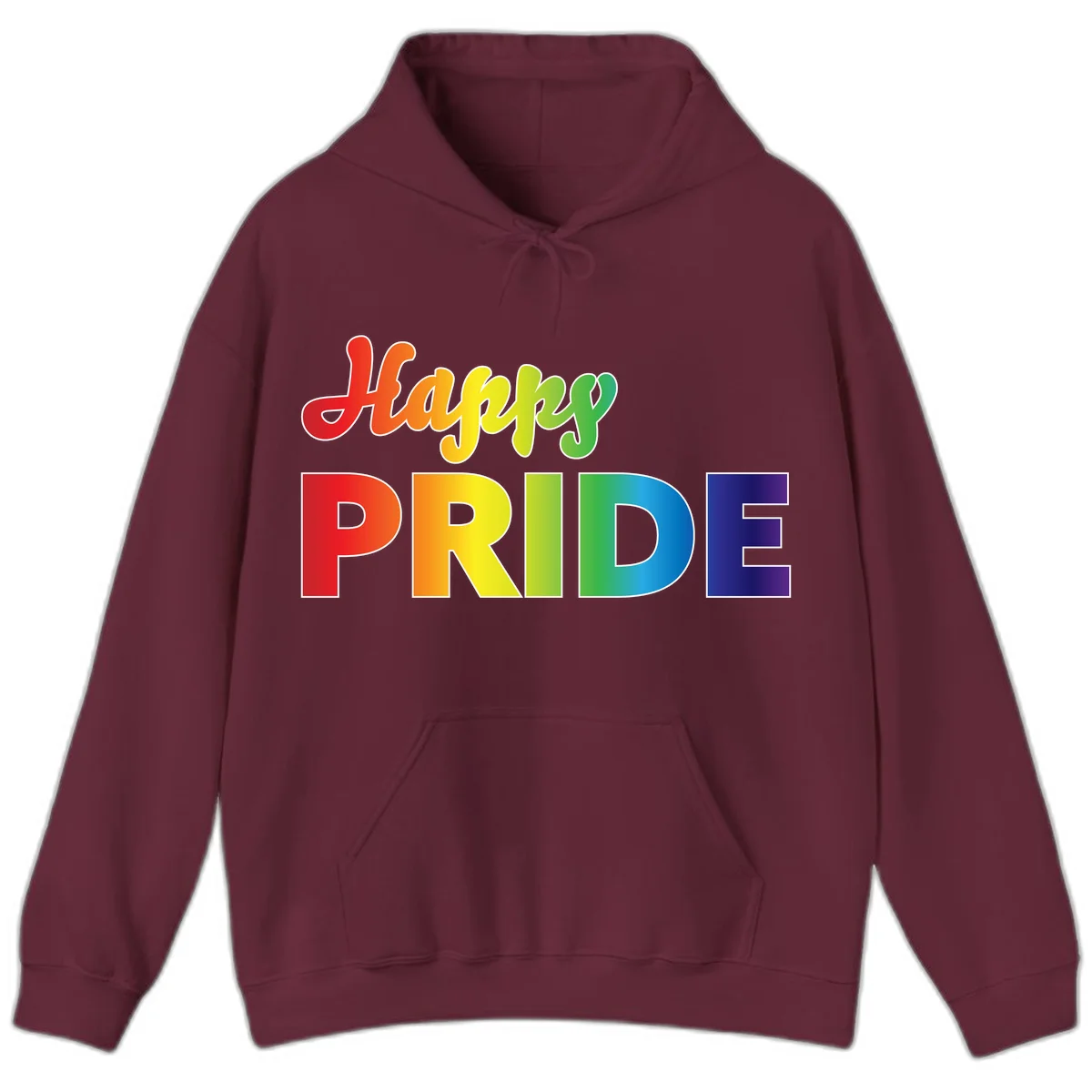 Happy pride rainbow gradient text design with colorful letters transitioning from red to purple in Maroon