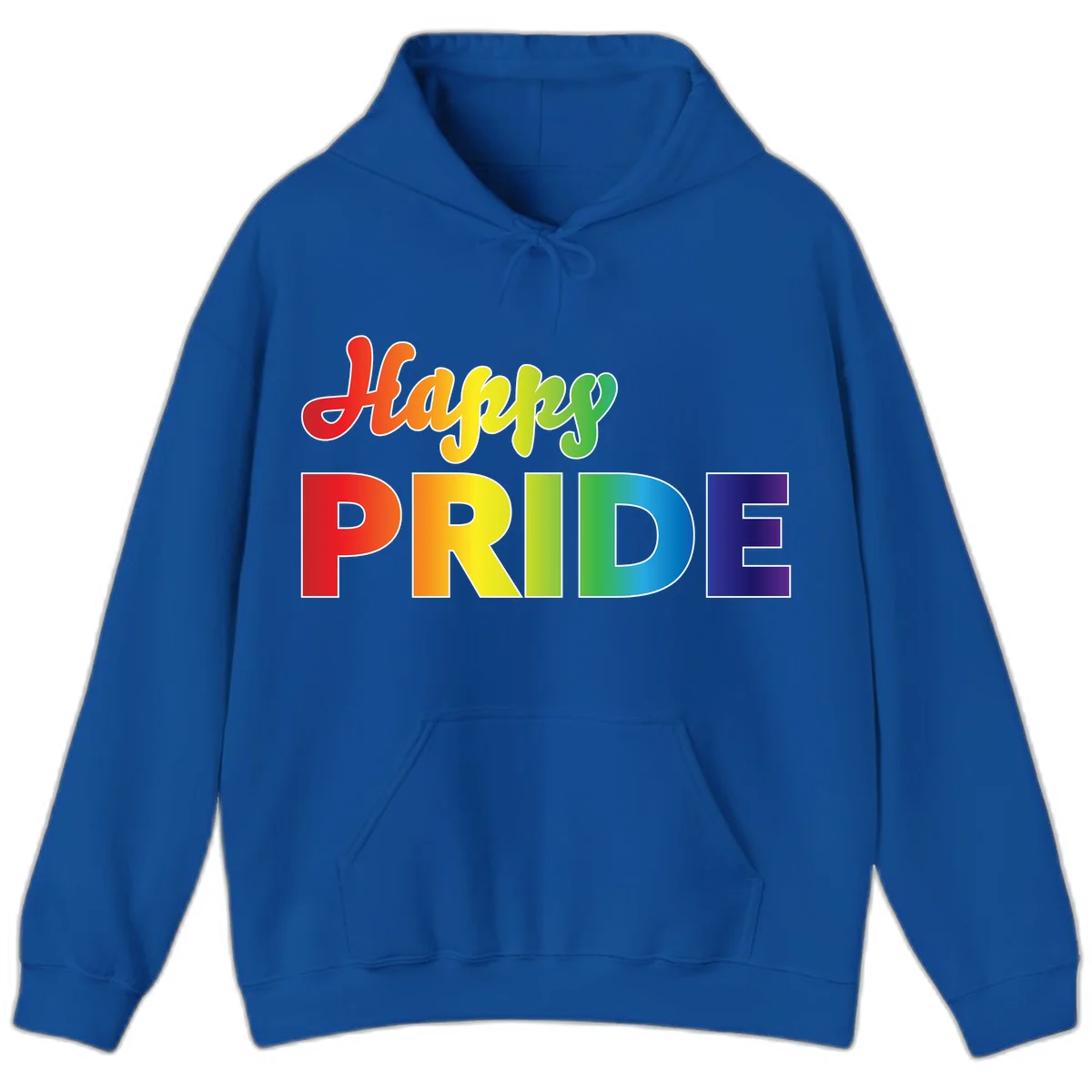 Happy pride rainbow gradient text design with colorful letters transitioning from red to purple in Royal