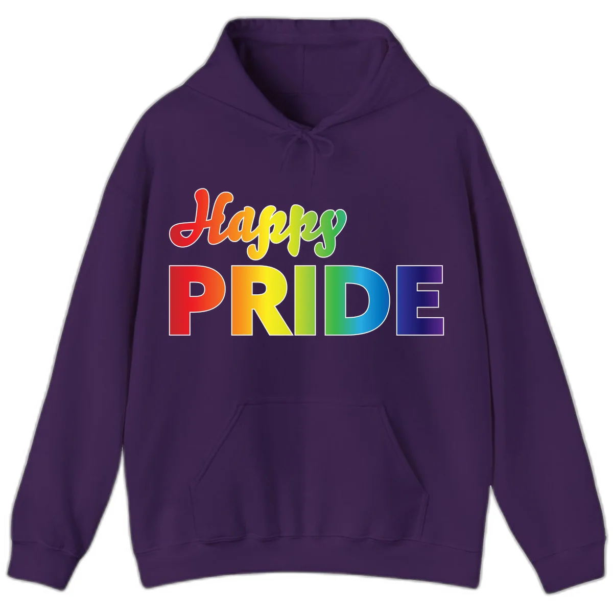 Happy pride rainbow gradient text design with colorful letters transitioning from red to purple in Purple