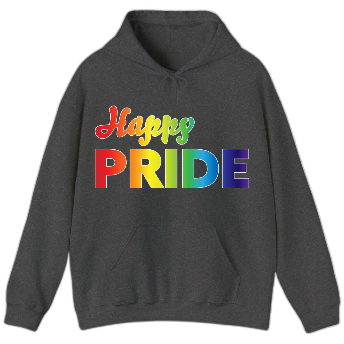 Happy pride rainbow gradient text design with colorful letters transitioning from red to purple in Dark Heather