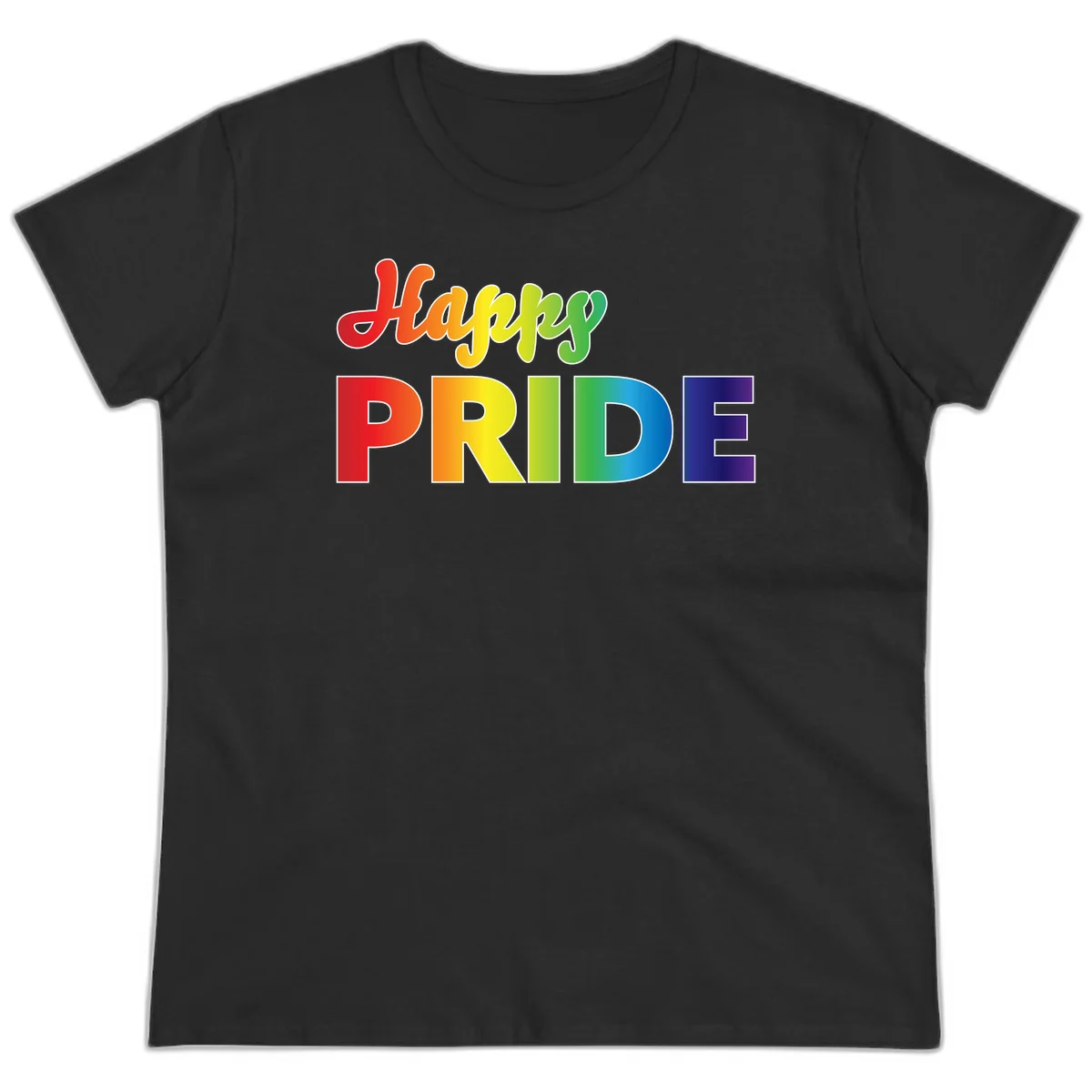 Happy pride rainbow gradient text design with colorful letters transitioning from red to purple in Black