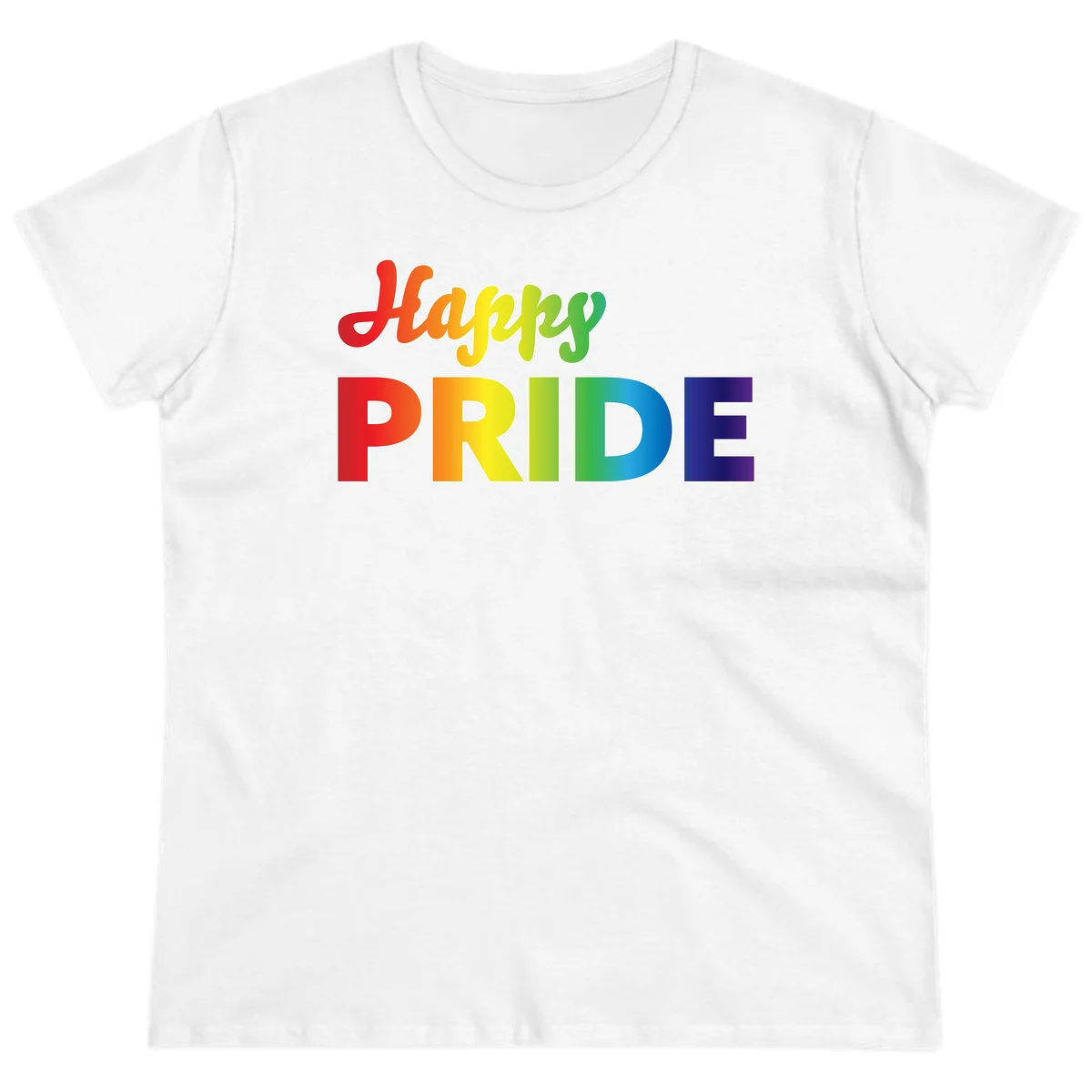 Happy pride rainbow gradient text design with colorful letters transitioning from red to purple in White