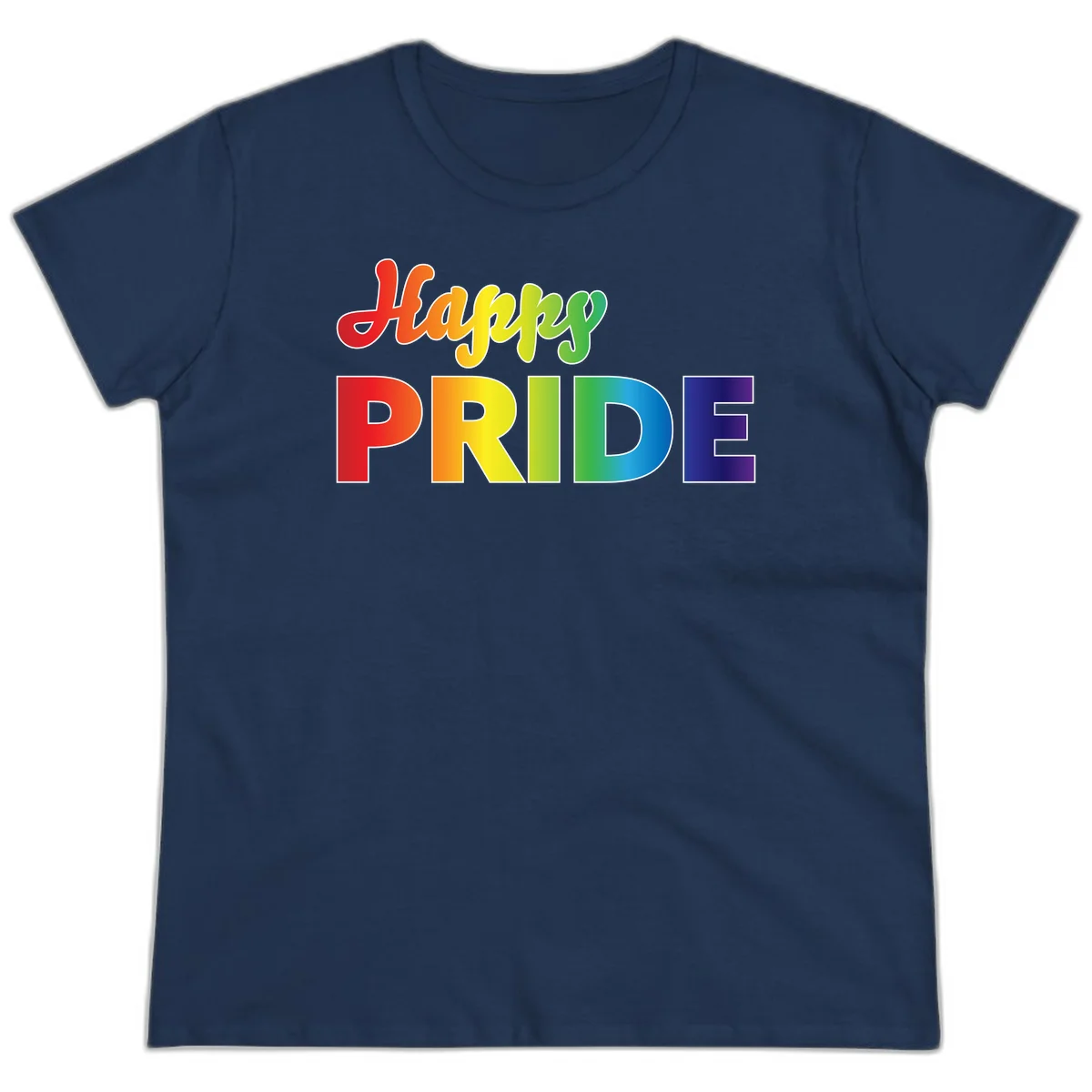 Happy pride rainbow gradient text design with colorful letters transitioning from red to purple in Navy