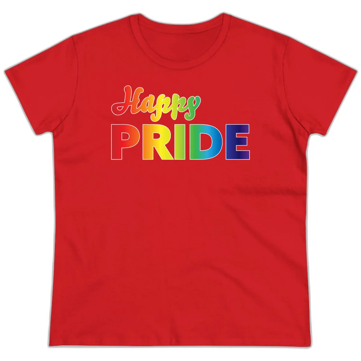 Happy pride rainbow gradient text design with colorful letters transitioning from red to purple in Red