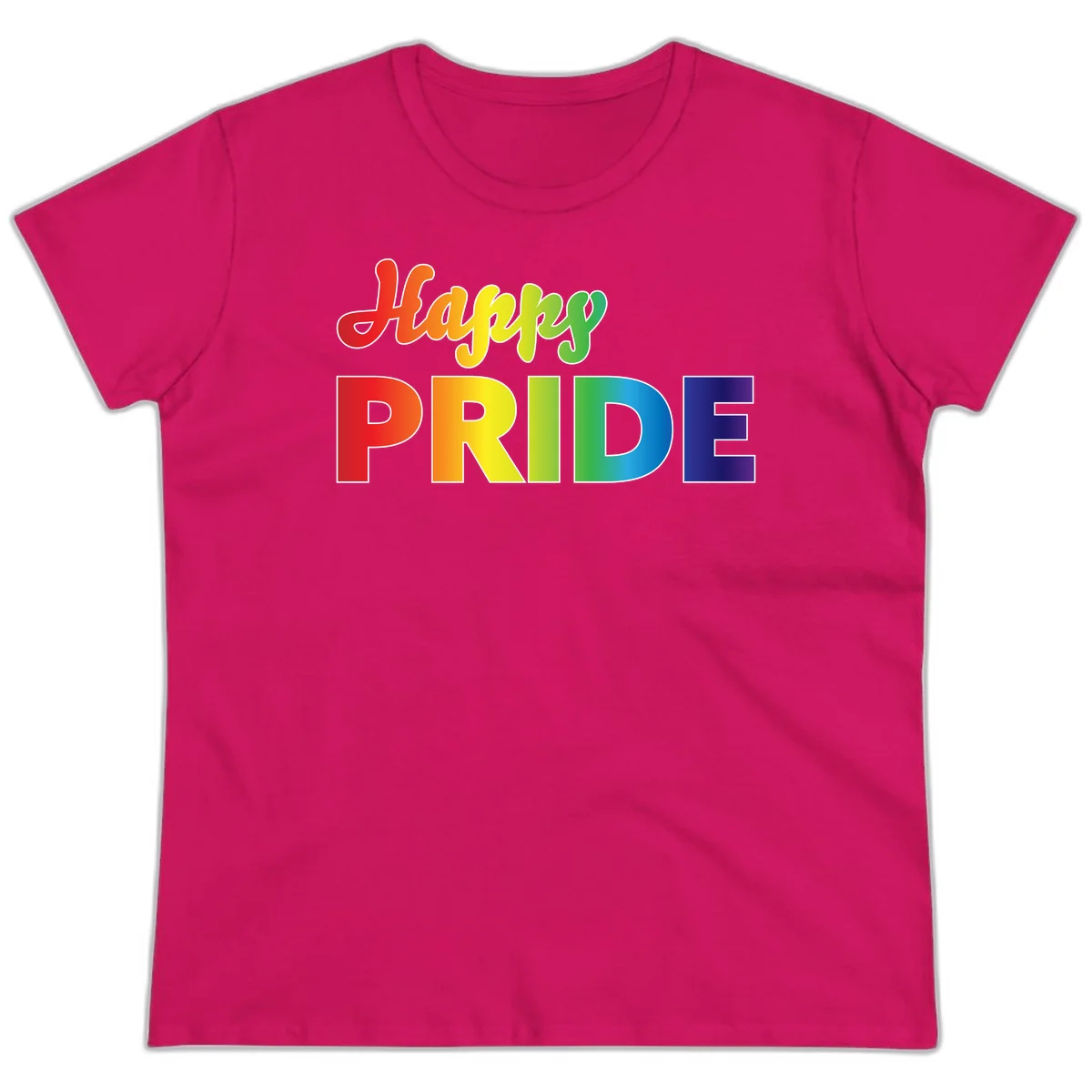 Happy pride rainbow gradient text design with colorful letters transitioning from red to purple in Heliconia