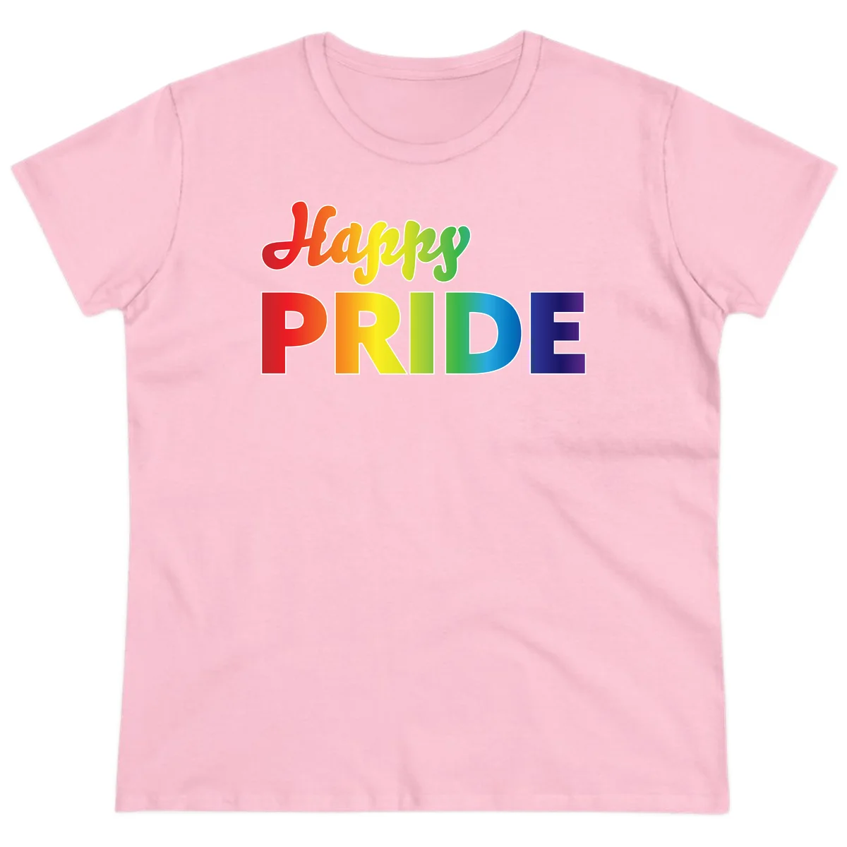 Happy pride rainbow gradient text design with colorful letters transitioning from red to purple in Light Pink