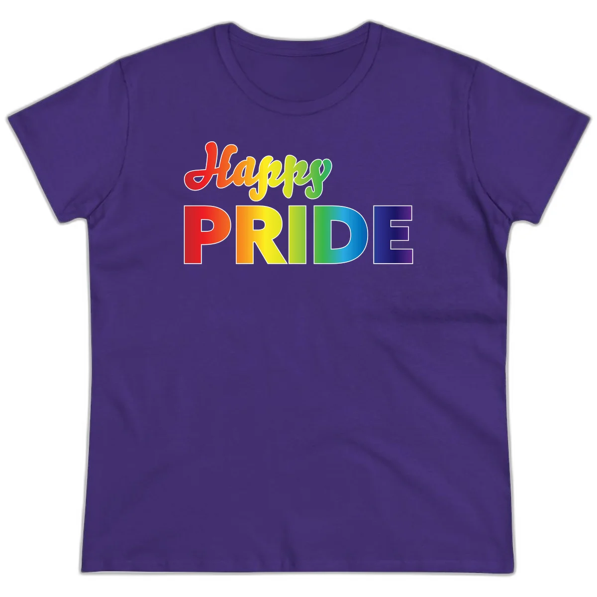 Happy pride rainbow gradient text design with colorful letters transitioning from red to purple in Purple