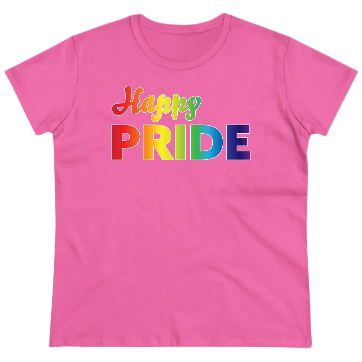 Happy pride rainbow gradient text design with colorful letters transitioning from red to purple in Azalea