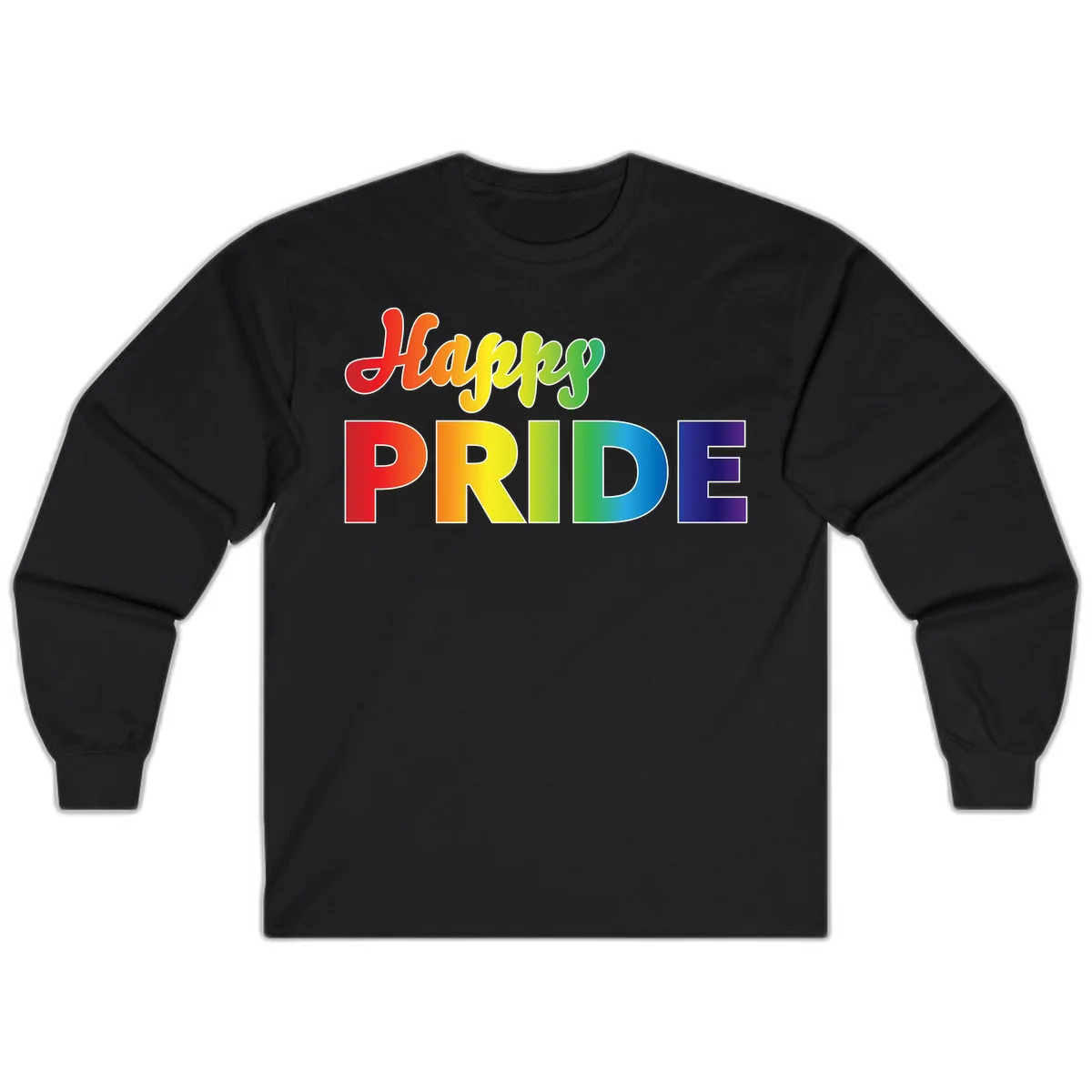 Happy pride rainbow gradient text design with colorful letters transitioning from red to purple in Black