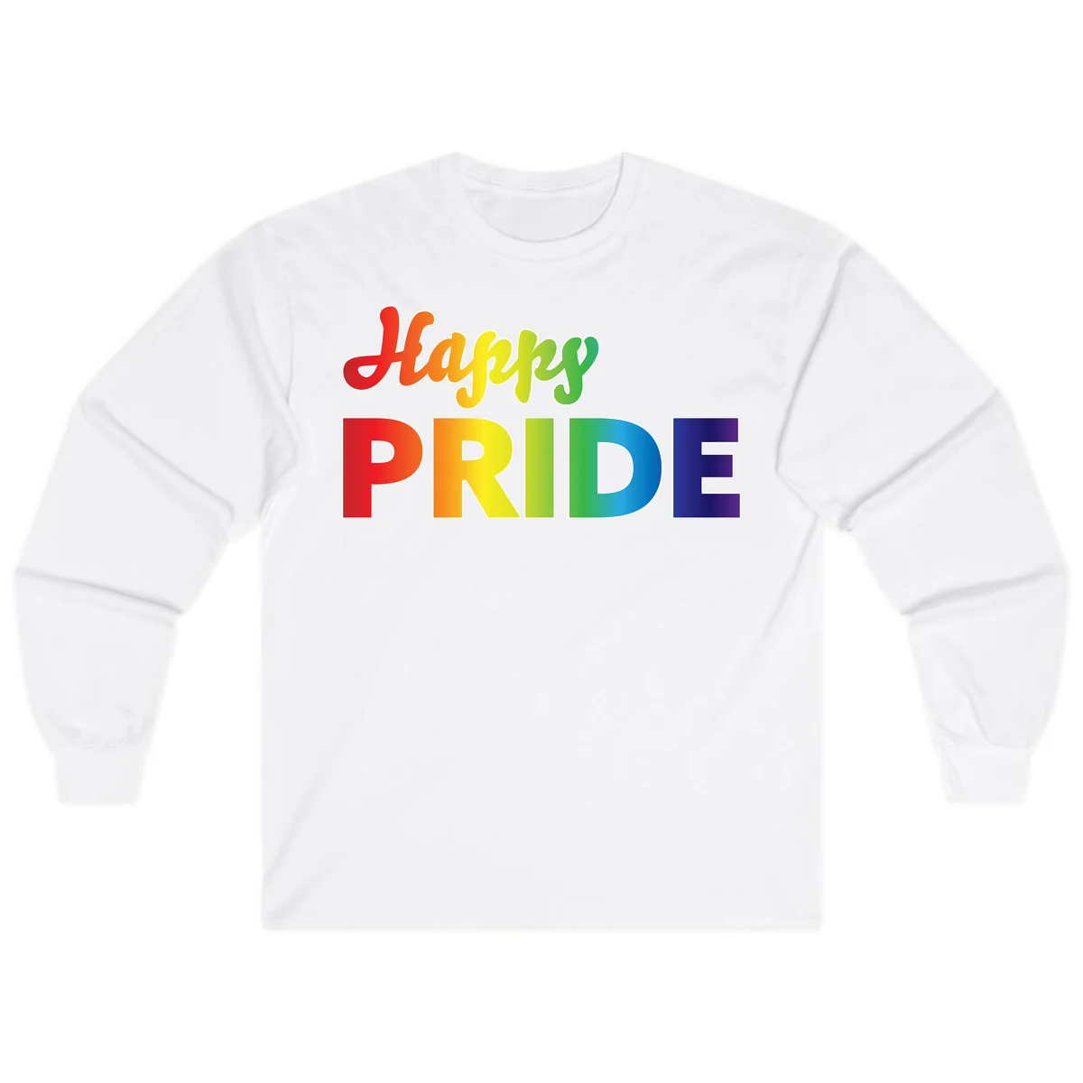 Happy pride rainbow gradient text design with colorful letters transitioning from red to purple in White