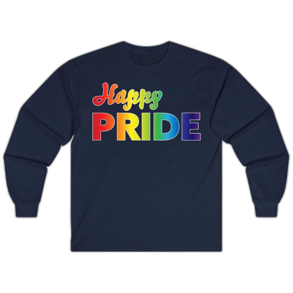 Happy pride rainbow gradient text design with colorful letters transitioning from red to purple in Navy