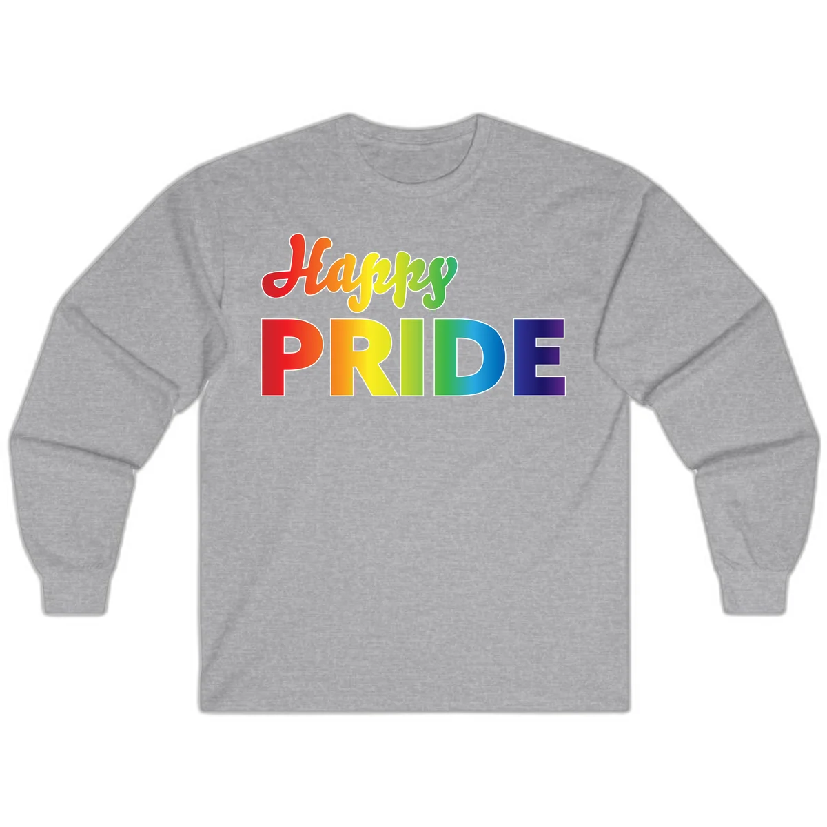 Happy pride rainbow gradient text design with colorful letters transitioning from red to purple in Sport Grey