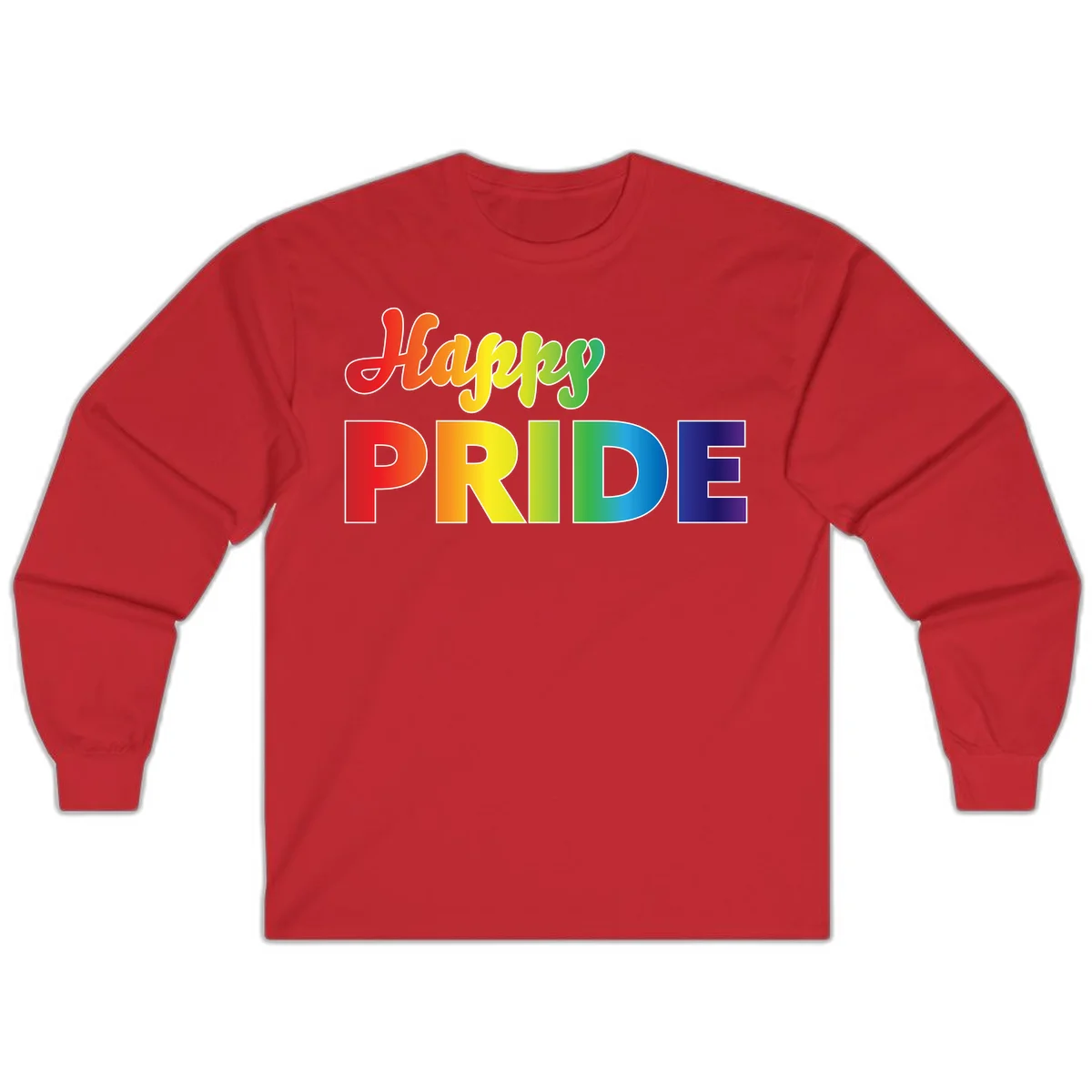 Happy pride rainbow gradient text design with colorful letters transitioning from red to purple in Red
